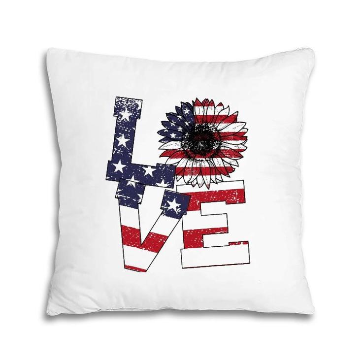 4Th Of July Love Sunflower Patriotic American Flag Pillow