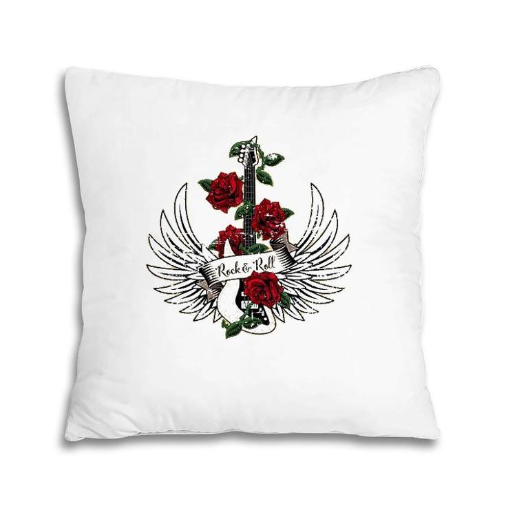 Bass Guitar Wings Roses Distressed Rock And Roll Design Pillow