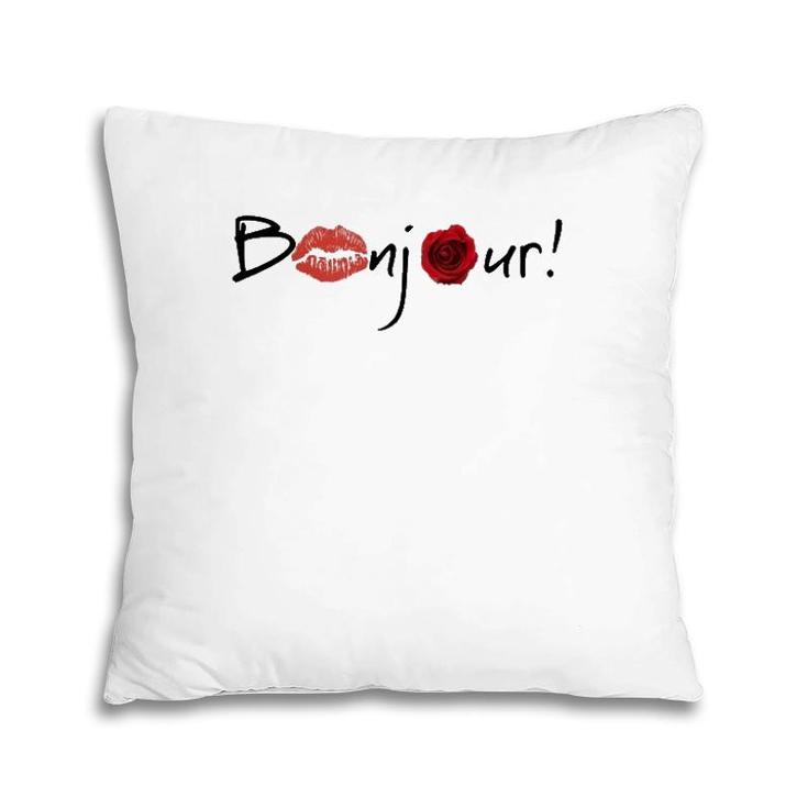 Bonjour Graphic With Lips And Rose Images Pillow