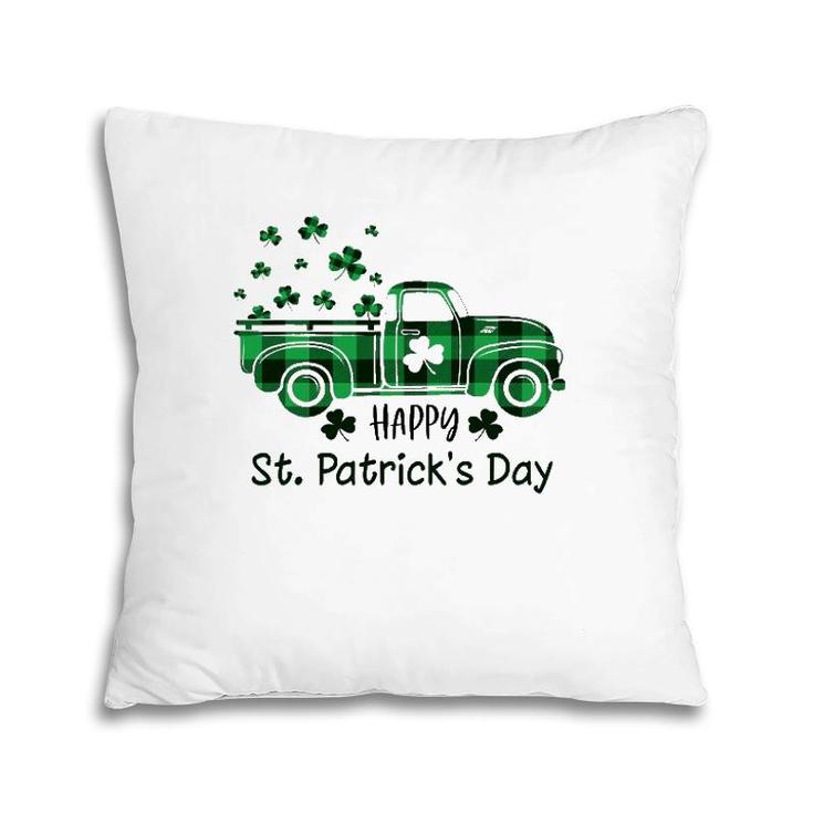 Buffalo Plaid Shamrock Vintage Truck Happy St Patrick's Day Pillow