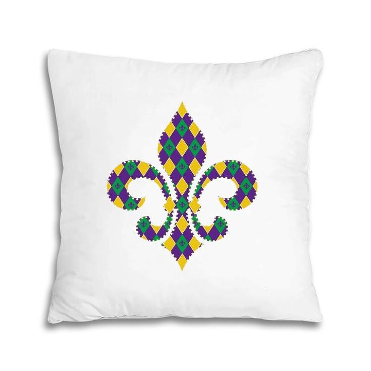 Checkered Mardi Gras Fleur De Lys Symbol Pillow