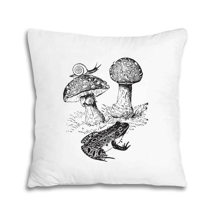 Frog Mushroom And Snail Vintage Botanical Art Pillow
