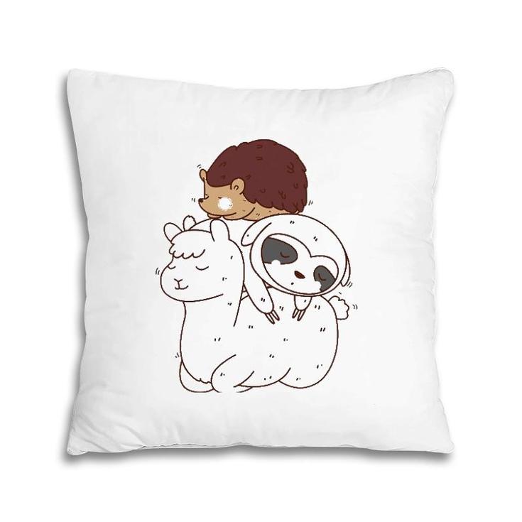 Funny Hedgehog Riding Sloth Riding Llama Pillow
