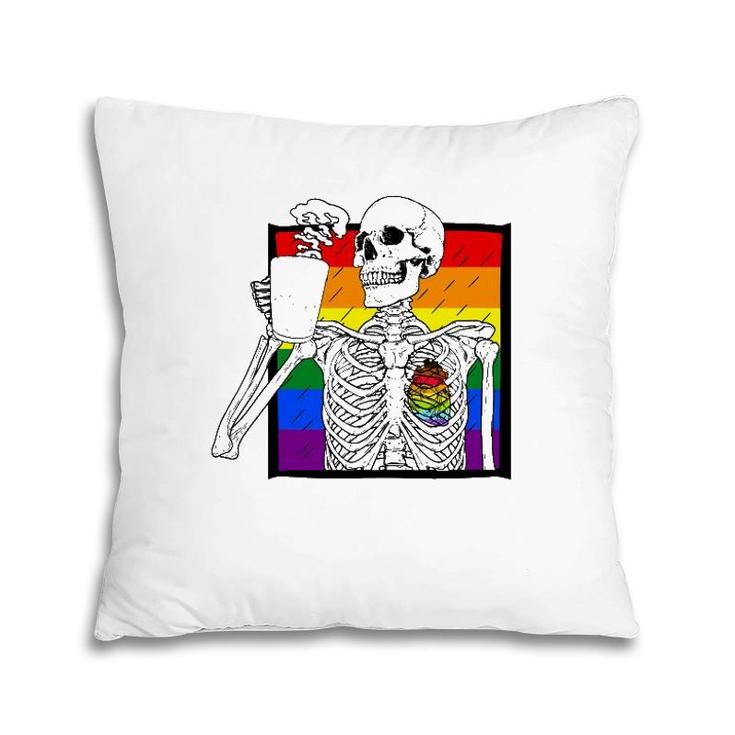 Goth Skeleton Coffee Gay Lesbian Pride Rainbow Human Heart Pillow