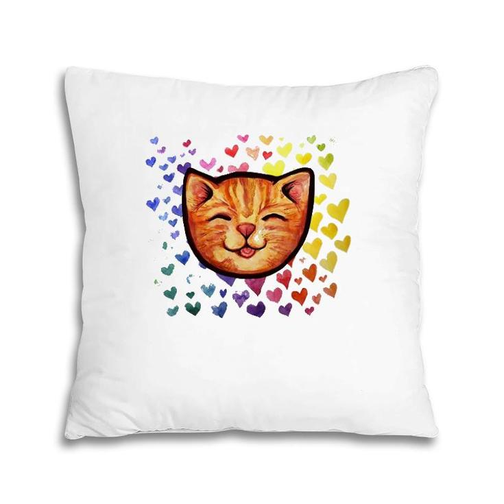 Happy Orange Tabby Cat Rainbow Pillow