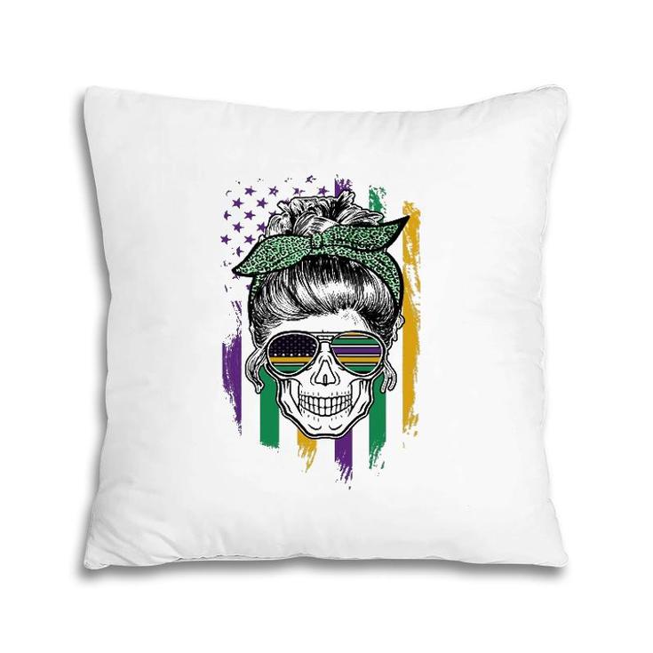 Mardi Gras Skull American Flag Funny Pillow