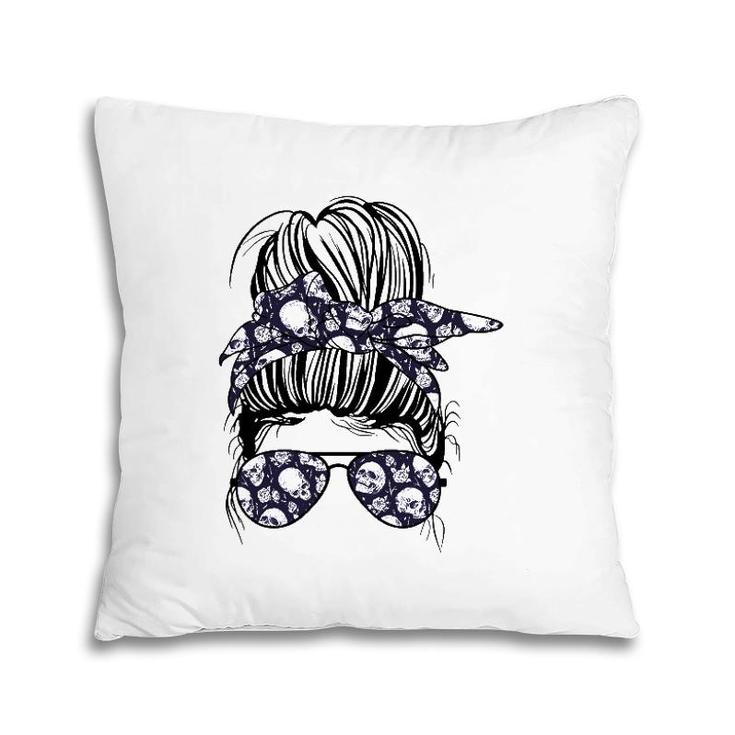 Messy Bun Skull With Flowers Print Sunglasses Goth Women Pillow