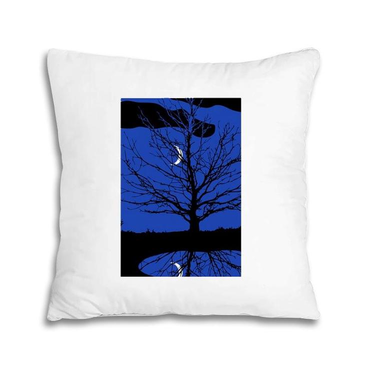 Moon With Tree Cobalt Blue And Black Pillow