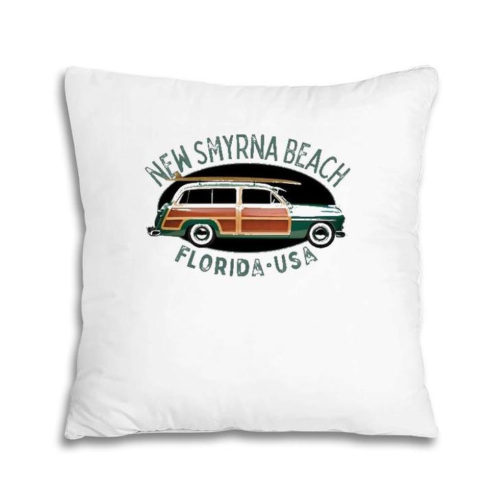 New Smyrna Beach Florida Vintage Surfing Pillow