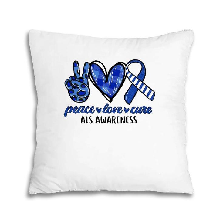 Peace Love Cure Blue & White Ribbon Als Awareness Month Pillow