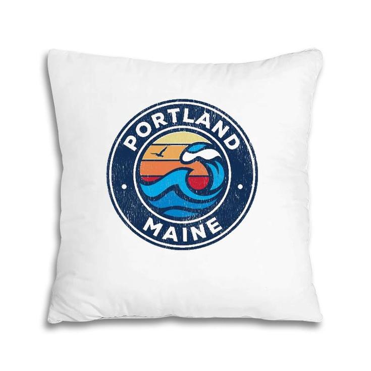 Portland Maine Me Vintage Nautical Waves Design Pillow