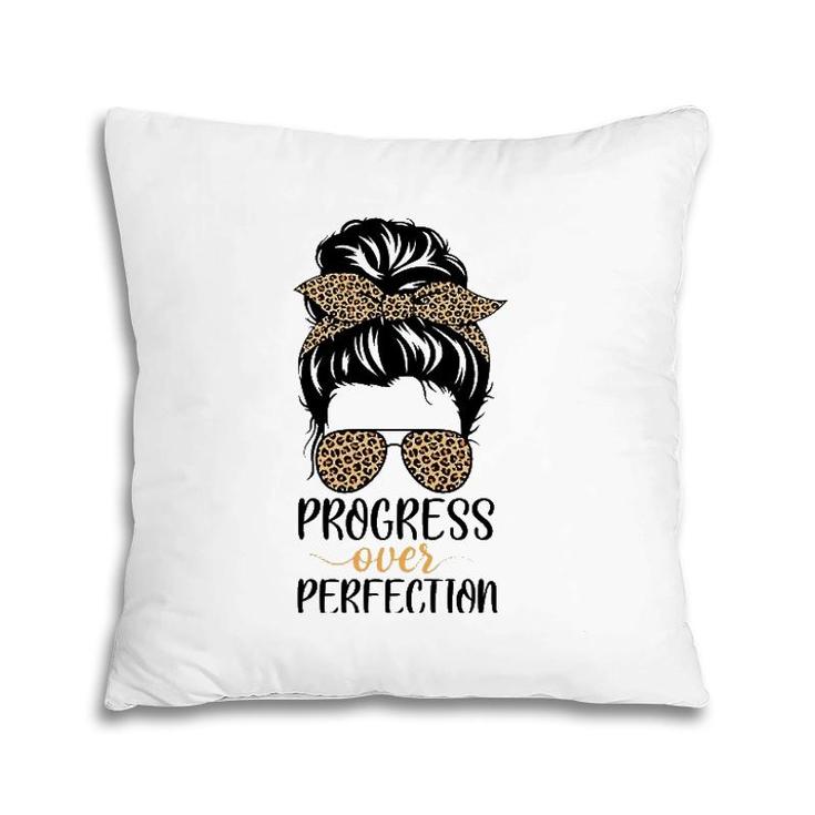Progress Over Perfection Messy Bun Hair Teacher Leopard Pillow