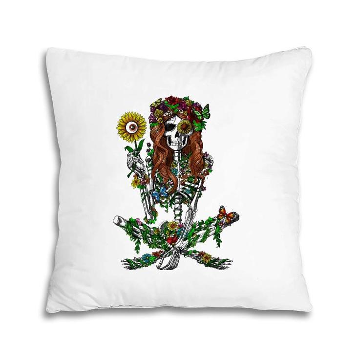 Skeleton Hippie Psychedelic Sunflower Nature Floral Women Pillow