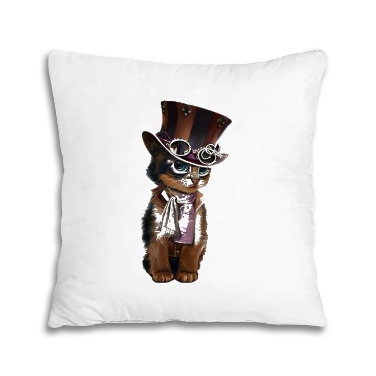 Steampunk Kitten With Hat, Glasses Gift Vintage Pillow