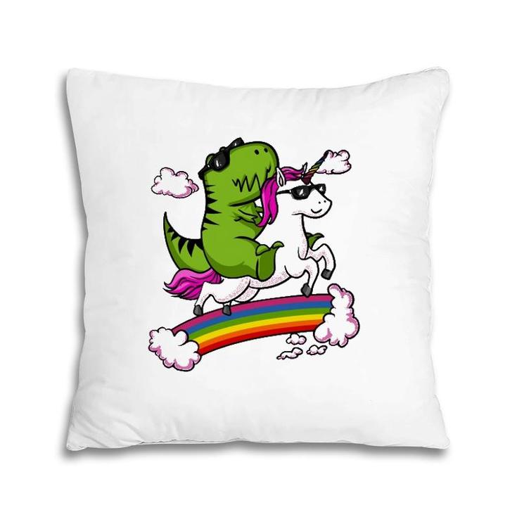T-Rex Dinosaur Riding Unicorn Funny Rainbow Pillow