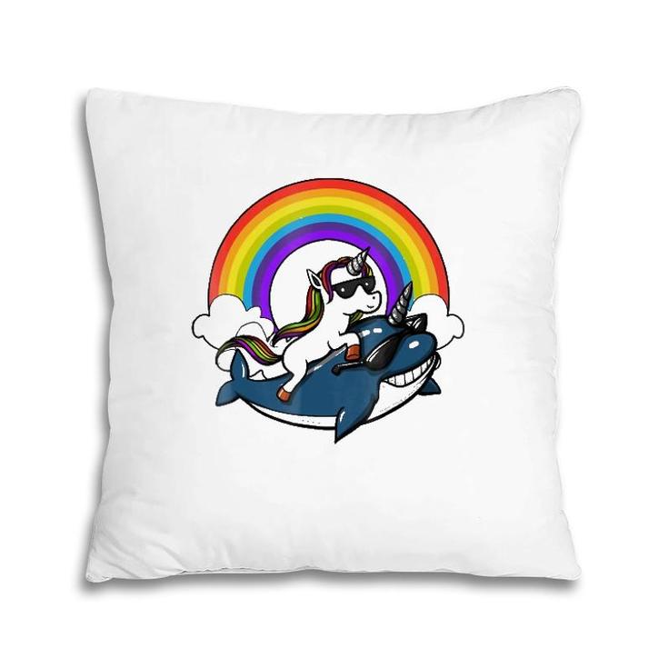 Unicorn Riding Narwhal Fish Magical Rainbow Pillow