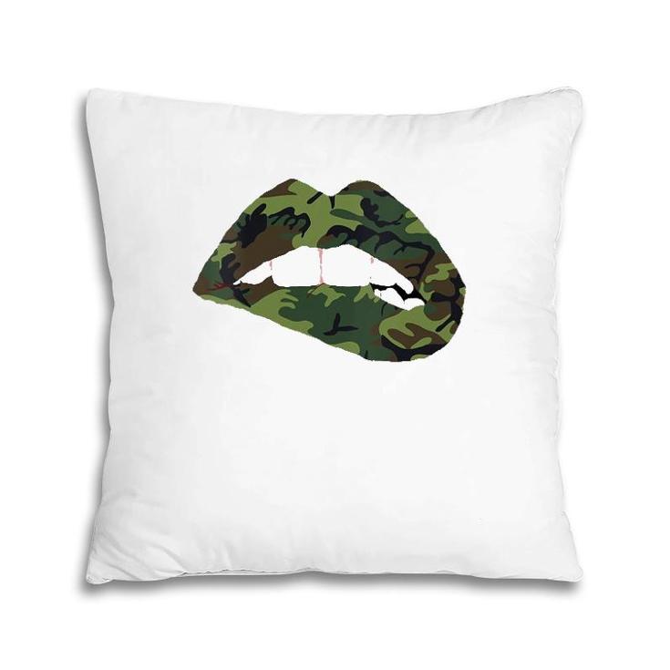 Womens Camouflage Lips Mouth Military Kiss Me Biting Camo Kissing V-Neck Pillow