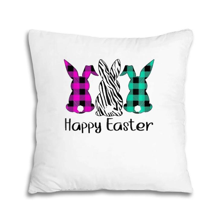 Womens Happy Easter Plaid Zebra Print Bunnies Easter  Pillow