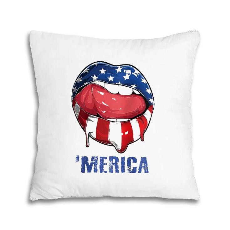 Womens 'Merica American Flag Mouth Lips 4Th Of July Teens Women Raglan Baseball Tee Pillow