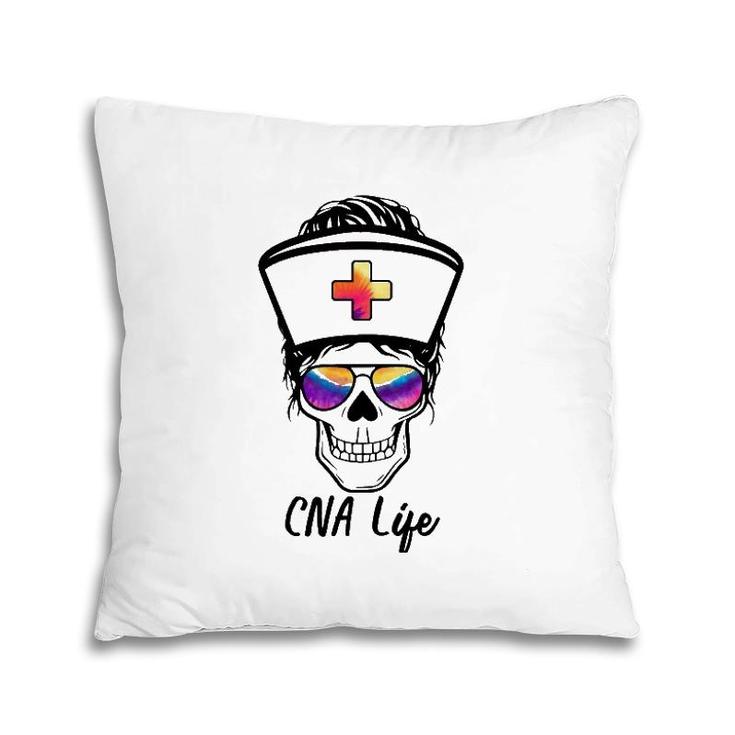 Womens Tu Messy Bun Skull Nurse Cna Life Nursing Tie Dye Gift Pillow