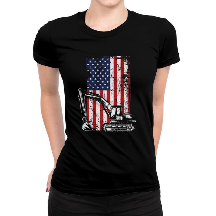 4Th Of July American Flag Construction Backhoe Excavator  Women T-shirt