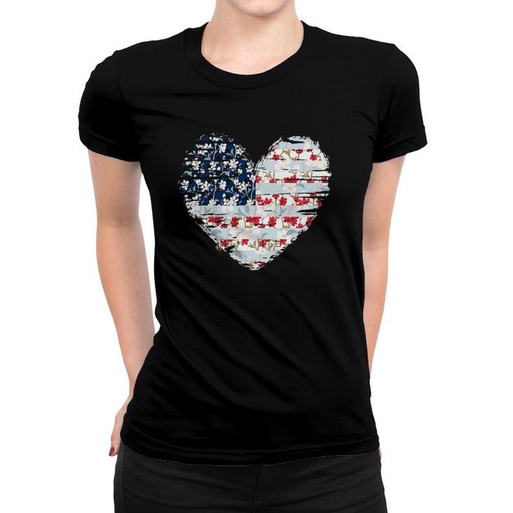 4Th Of July  For Women American Flag Floral Heart Gift Women T-shirt