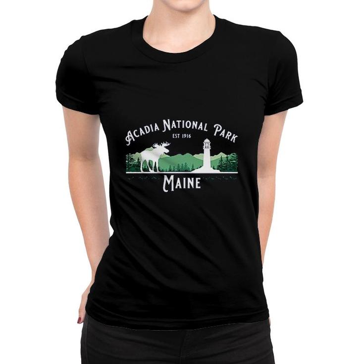 Acadia National Park Maine Lighthouse Moose Hiking Souvenir Women T-shirt