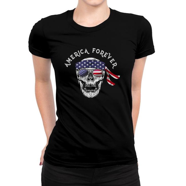 America Forever Patriotic Skull American Flag Sunglasses  Women T-shirt