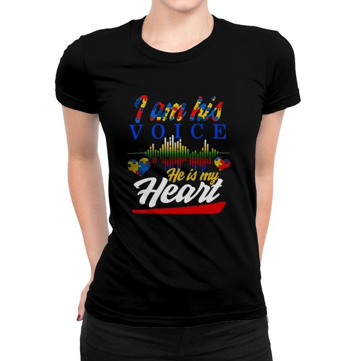 Autism I Am His Voice He Is My Heart Autism Awareness Gift Hearts Heartbeat Puzzle Pieces Women Mom D Puzzle Pieces Women T-shirt