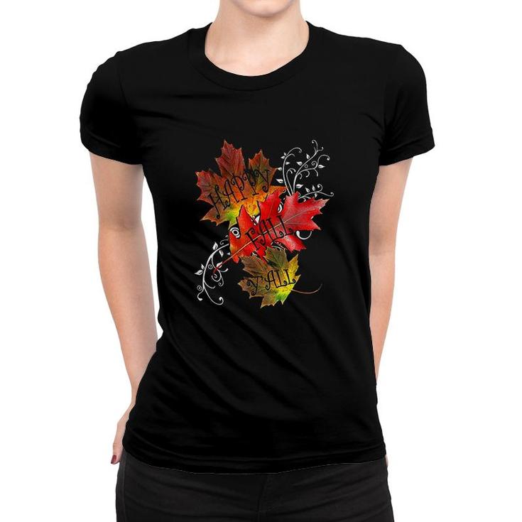 Autumn Quote Happy Fall Yall Pattern Leaves Fall Women T-shirt