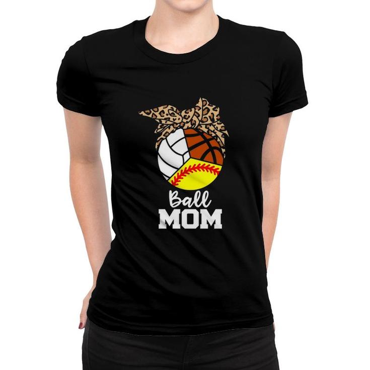 Ball Mom Funny Softball Volleyball Basketball Leopard Mom Women T-shirt