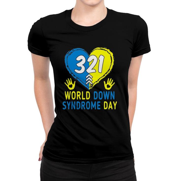 Blue Yellow Heart 21 World Down Syndrome Awareness Day Women T-shirt
