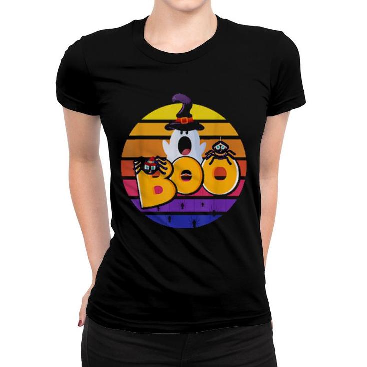 Boo With Cute Spiders And Witch Hat Halloween Sunset Retro  Women T-shirt