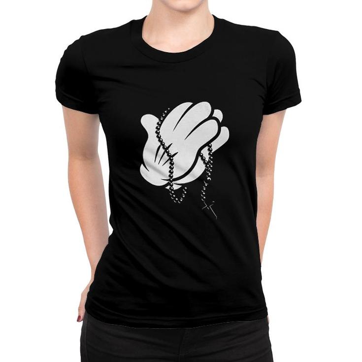 Cartoon Glove Prayer Hands Rosary Bead Cross Women T-shirt