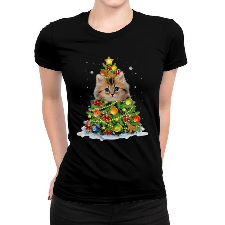 Cat Christmas Tree Ornaments Decor Pajamas Family Xmas Women T-shirt