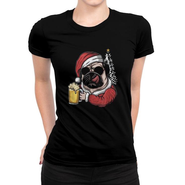 Christmas A Pitbull Dog Santa Hat And Drink Beer On Xmas Tee  Women T-shirt