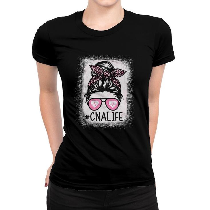 Cna Nurse Life Bleached S Pink Leopard Messy Bun Womens Women T-shirt