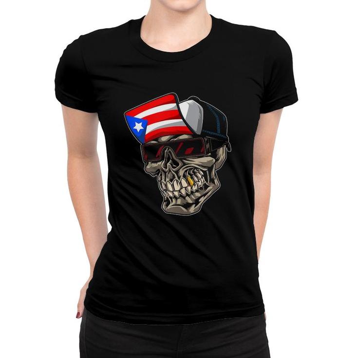 Cool Puerto Rican Skull With Cap And Puerto Rico Flag  Women T-shirt