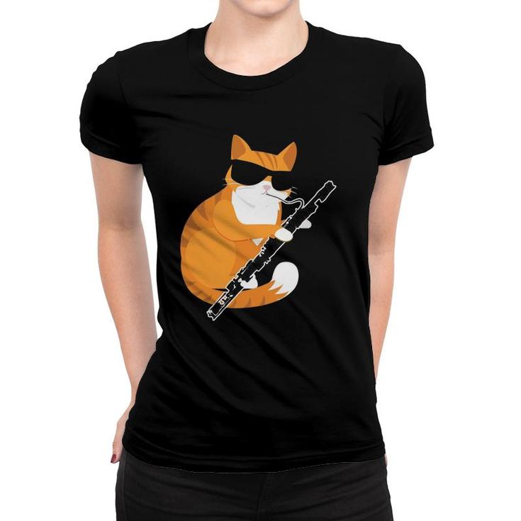 Cute Music Cat Sunglasses Musical Instrument Bassoon Player Women T-shirt