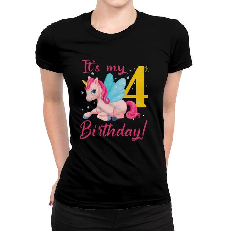 Cute Unicorn It's My 4Th Birthday For Kids Girls Women T-shirt