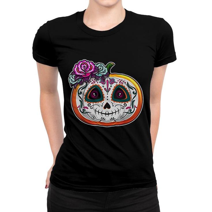 Day Of The Dead Pumpkin Dia De Los Muertos Skull Gift Women T-shirt