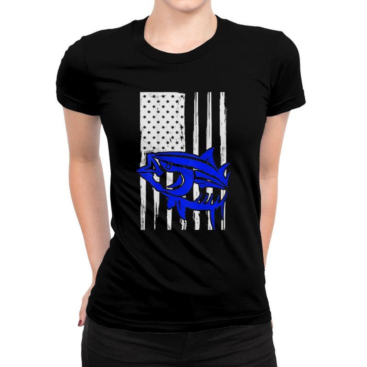 Distressed American Usa Flag Blue Tuna Fish Deep Sea Fishing Women T-shirt