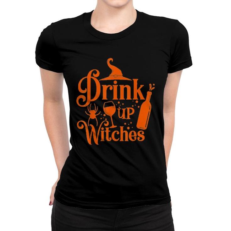 Drink Up Witches Halloween Drinking Wine Glass Lover Tee  Women T-shirt