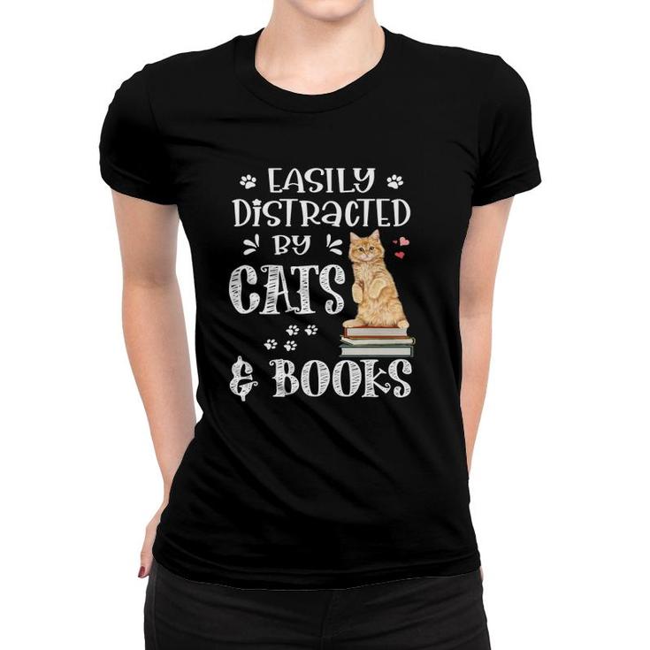 Easily Distracted Cats And Books Cat And Book Lovers Women T-shirt