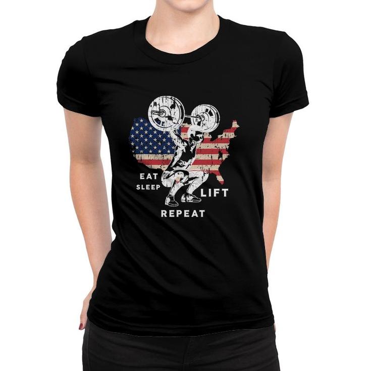 Eat Sleep Lift Repeat Gym American Workout Usa Flag Women T-shirt