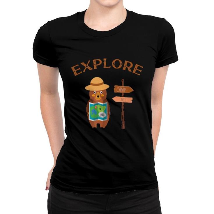 Explorer Backpacking Hiking Bear With Map,Camping And Hiking  Women T-shirt