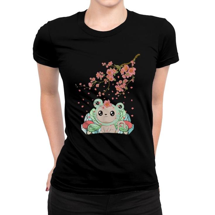 Fairycore Aesthetic Fairy Cat Frog Head Cherry Blossom  Women T-shirt