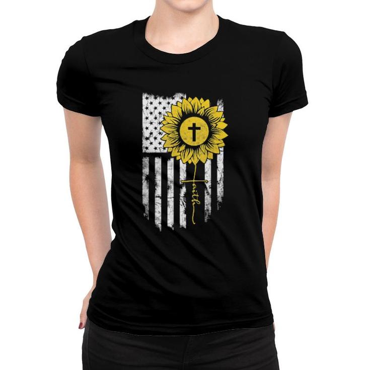 Faith Sunflower Cross Jesus Flag American Usa Christian  Women T-shirt