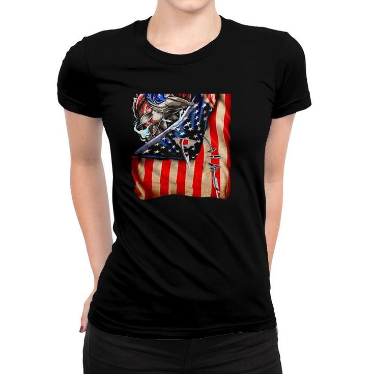 Fishing Fish Hooked American Flag Women T-shirt