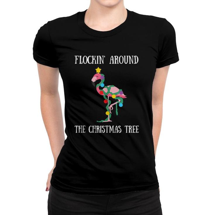 Flamingo Flocking Around The Christmas Tree Light Chain  Women T-shirt